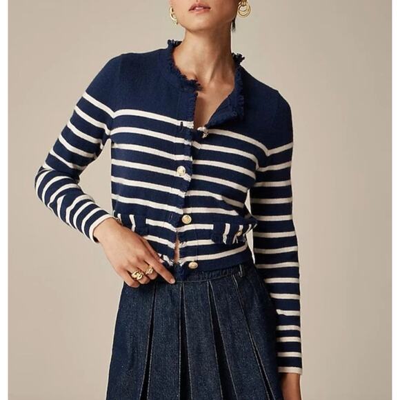 J.Crew Cashmere Fringe Trim Sweater Lady Jacket Striped Preppy Retro Small NWT - Picture 2 of 10